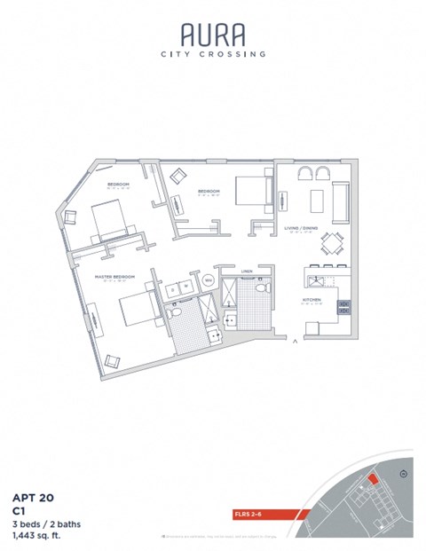Floor plan for 3 beds, 2 baths, 1443 sqft